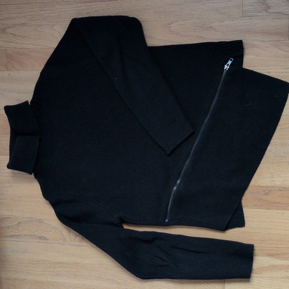 Asymmetrical Turtleneck Sweater with Front Zipper Detail.